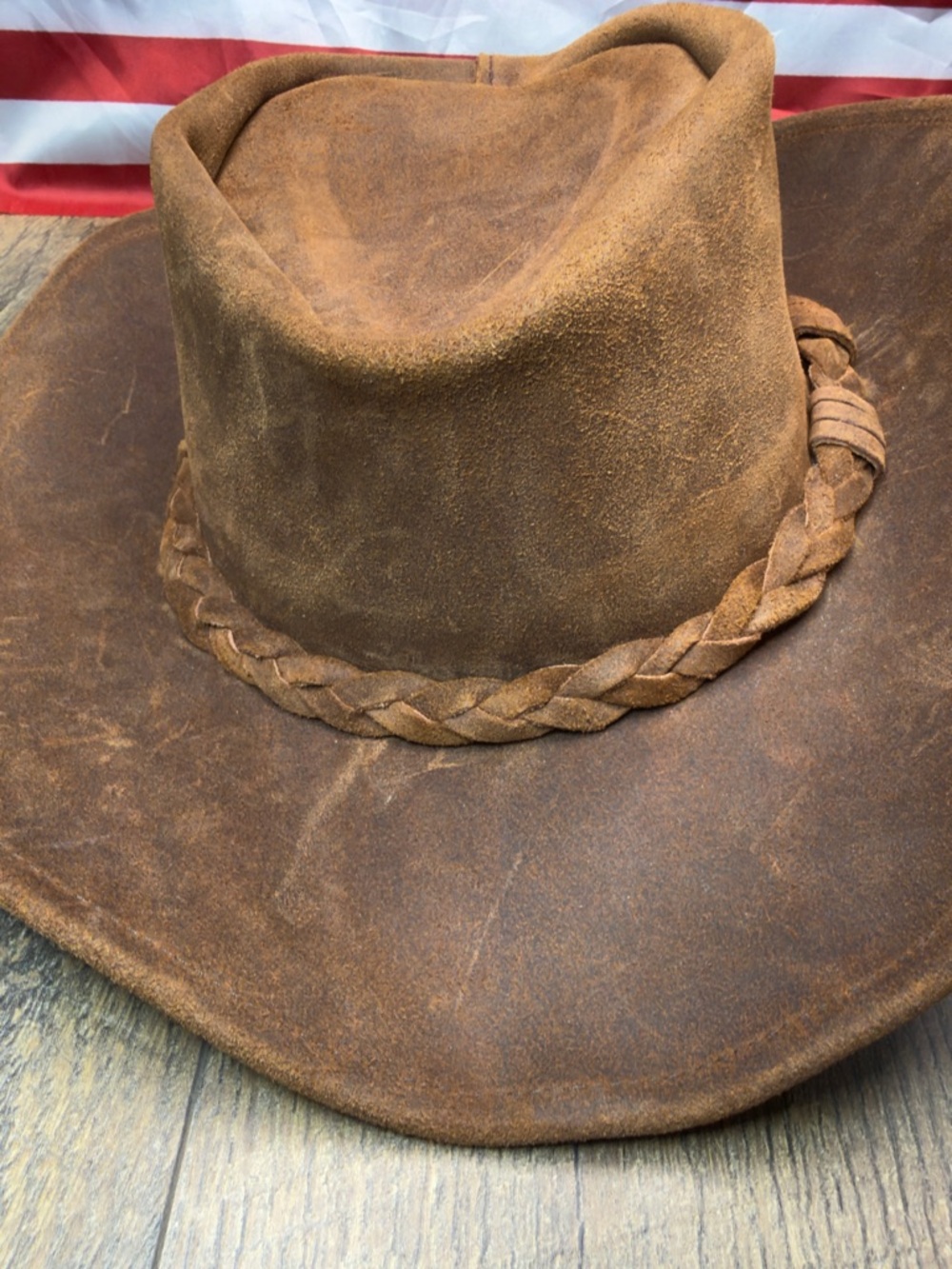 Minnetonka Leather Hat Brown Leather Outback Bush Western Braid Band USA  Size S - Picture 6 of 8